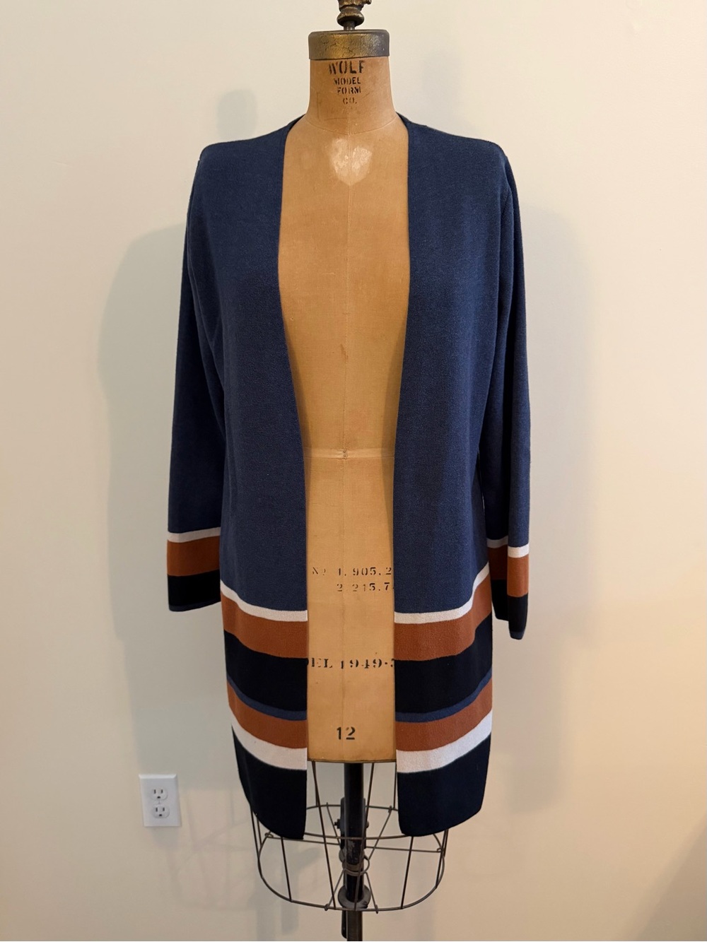 Apt 9 - Navy Open Front Cardigan with Rust, Black & Beige Stripes